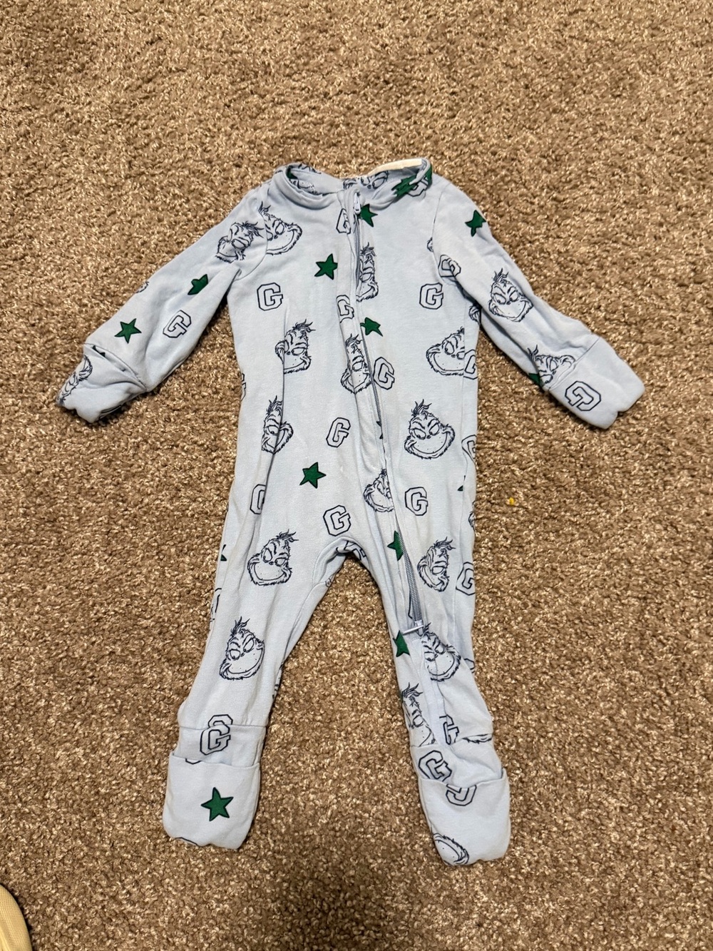 GRINCH Baby Light Blue Footed One-Piece Pajamas with Green Stars